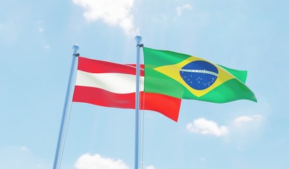 Austria and Brazil, two flags waving against blue sky. 3d image