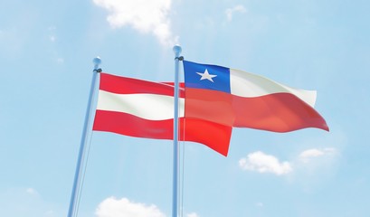 Austria and Chile, two flags waving against blue sky. 3d image