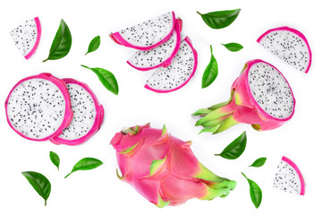 Dragon fruit, Pitaya or Pitahaya isolated on white background. Top view. Flat lay