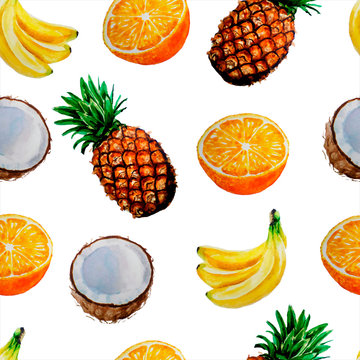 bright summer watercolor pattern of fruit: pineapple, coconut, orange, banana
