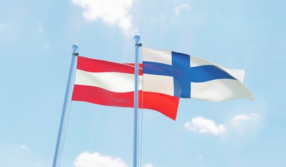 Austria and Finland, two flags waving against blue sky. 3d image