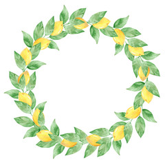 Hand drawn round frame of watercolor lemon. Watercolor illustration wreath of lemon and leaves.