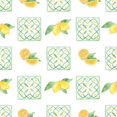 Keuken foto achterwand Aquarel fruit Aquarel handgemaakte naadloze patroon met gele citroen fruit plakjes.