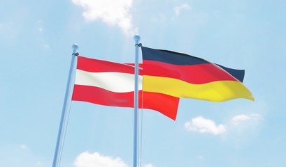 Austria and Germany, two flags waving against blue sky. 3d image