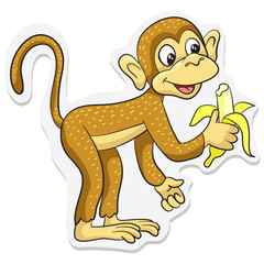 Funny monkey gnaws a banana. Sticker. Vector illustration.