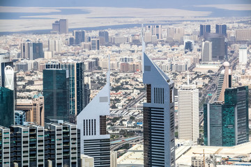 Aerial view of Dubai Skyline, Amazing Rooftop view of Dubai Sheikh Zayed Road Residential and Business Skyscrapers in Downtown Dubai, United Arab Emirates