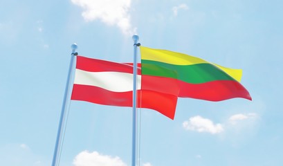 Austria and Lithuania, two flags waving against blue sky. 3d image