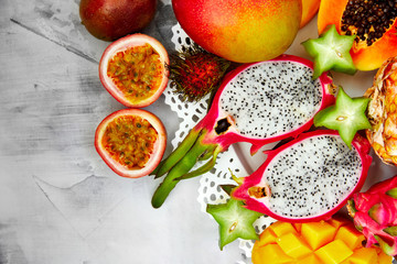 Exotic fruits background, great design for any purposes. Exotic food. Tasty breakfast. copy space