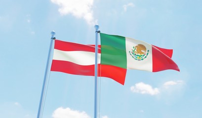 Austria and Mexico, two flags waving against blue sky. 3d image