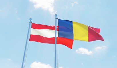 Austria and Romania, two flags waving against blue sky. 3d image