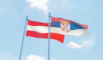 Austria and Serbia, two flags waving against blue sky. 3d image
