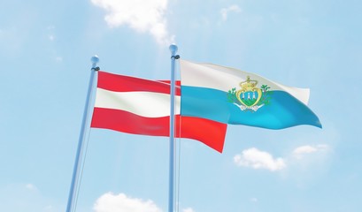 Austria and San Marino, two flags waving against blue sky. 3d image