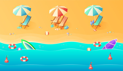 Fototapeta na wymiar Summer. Vacation and travel concept. Umbrella, beach chair and a ball on the beach. Flat style vector illustration