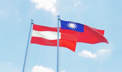 Austria and Taiwan, two flags waving against blue sky. 3d image