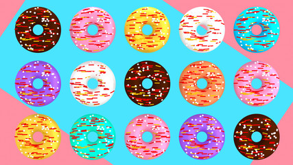 Colorful donuts on blue pink background 3D illustration