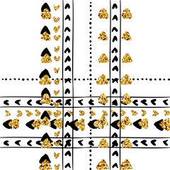 Pattern black and glitter on white background. Etnic tribal ornament surface design