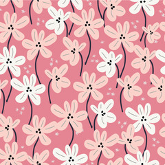 Seamless floral pattern with ditsy modern hand drawn flowers for spring and summer products, fabric, wrapping, clothing, baby and nursery, kids designs