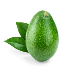 whole avocado with leaf isolated on white background close-up
