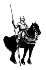 Armoured knight illustration.  Mounted  knight isolated black and white drawing.