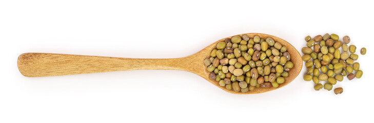 Mung beans in a wooden spoon isolated on white background. Top view