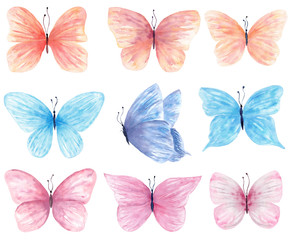 Watercolor butterfly set hand drawn painting. Can be used for greeting cards,wedding invitations,logo,T-shirts,bags,posters,printing on fabric,wallpaper,packaging.