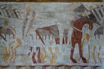 Knights figtht a battle, medieval mural.