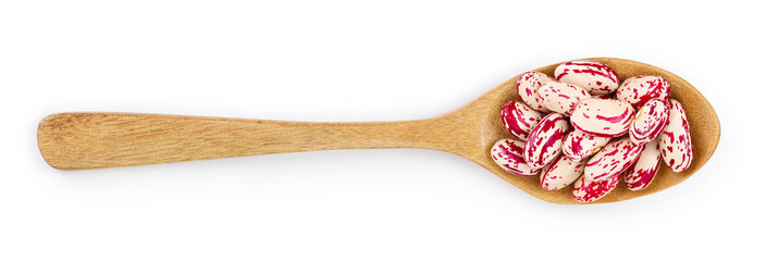 variegated kidney bean in wooden spoon isolated on white background. Top view. Flat lay