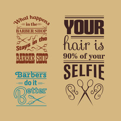 Quote typographical background about hair and barber with illustration of vintage scissors. Vector template for poster business card banner and t-shirt