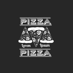Vector illustration of pepperoni pizza in hand drawn cartoon style.  Template for posters typographical background business card label and banner with place for your text.