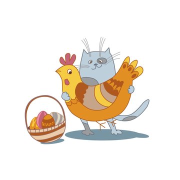 Easter cat with eggs, basket and chcken cartoon style vector illustration on white background