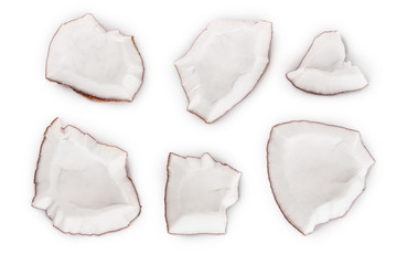 piece of coconut isolated on white background. Top view. Flat lay