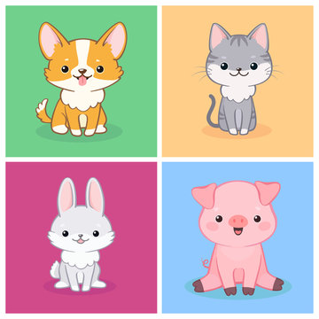 Set of cute animal characters on multicolored background