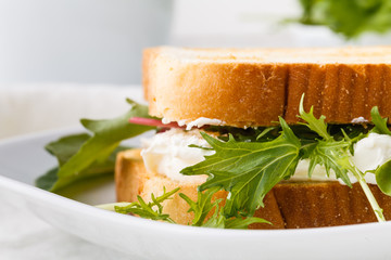 Healthy toast with goats cheese, avocado, arugula and sun dried tomatoes on rustic wooden table