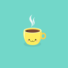 Yellow cute kawaii coffee cup on turquoise background