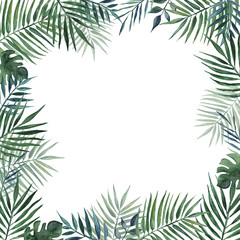 Frame with palms leaves. Watercolor illustration.