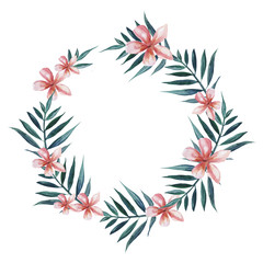 Wreath with palm leaves and plumeria flowers. Watercolor illustration. 