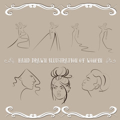 Vector collection of young woman in long wedding dress made in line style isolated. Template for business greeting invitation card and banner