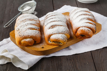 Breakfast with homemade pastries on wooden table