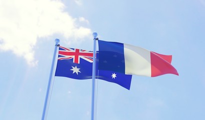 Australia and France, two flags waving against blue sky. 3d image