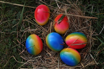 Easter traditions. Compositions with painted Easter eggs