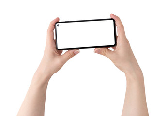 Smartphone with a blank white screen. New popular smartphone in hands on white background.