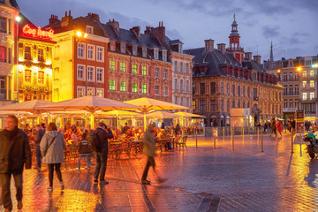 Evening Grand Place in Lille city center, France
