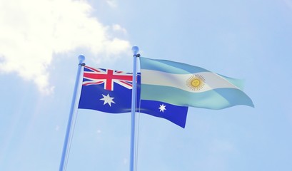 Australia and Argentina, two flags waving against blue sky. 3d image