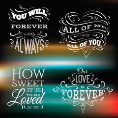 Collection of  quotes with unique hand drawn elements. Vector template for cards posters and banners. Blurred city night background