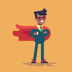 Young black businessman in formal suit and red cape superhero standing in a confident pose with his arms crossed. Business concept of leadership and success. Flat vector illustration.