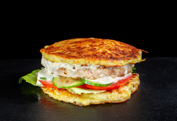 Hamburger, potato buns. Cutlet and mayonnaise sauce.
