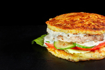 Hamburger, potato buns. Cutlet and mayonnaise sauce.