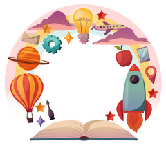 Imagination science concept. Back to school, creativity, travel. Little children study and grow.