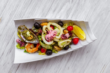 seafood salad, restaurant serving, appetizing food