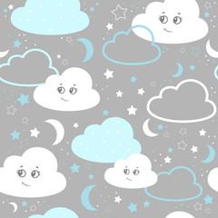 Children seamless pattern with cute clouds, stars on a gray background. vector illustration baby seamless pattern